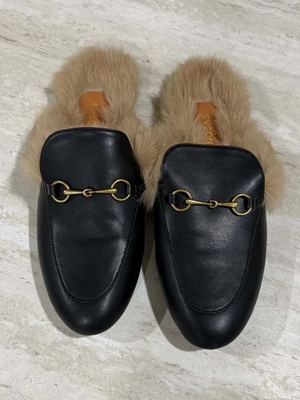 EVSONEN Faux Fur Lined Horsebit Mule Loafers – Size 39/8-8.5– Worn Once